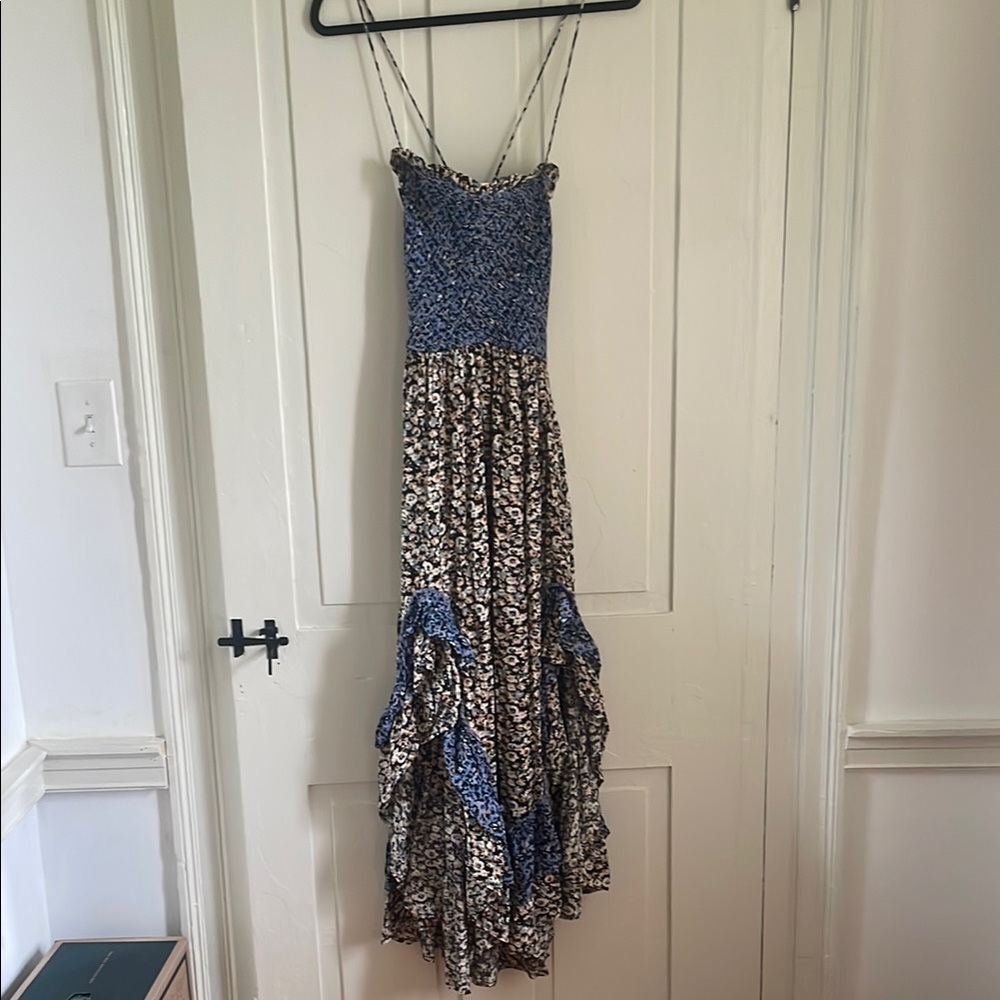 Free People Blue Asymmetrical Tiered Maxi Dress